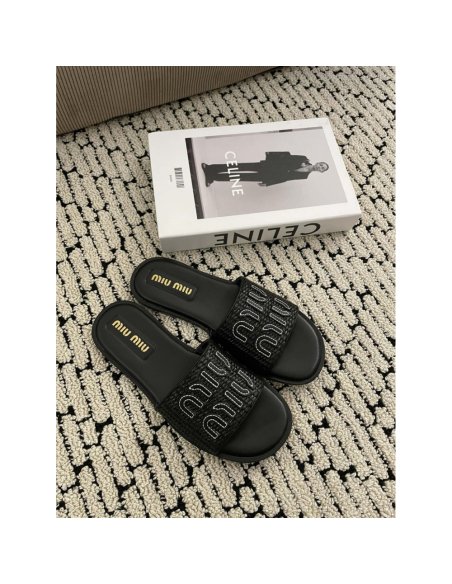 Cheap Reps Miu Miu Womens Slides in Black Raffia-effect Woven Fabric