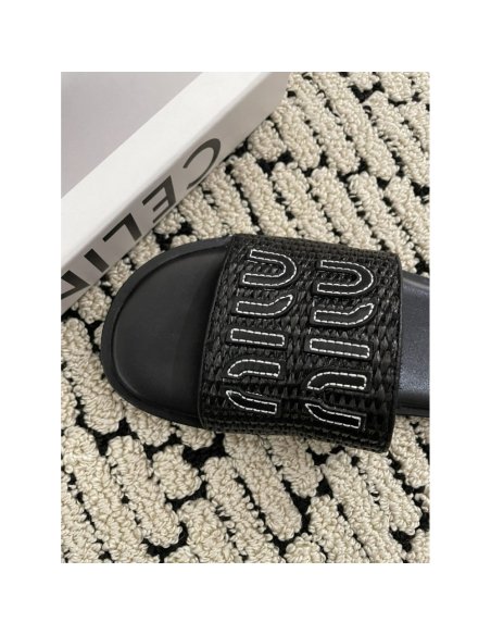 Cheap Reps Miu Miu Womens Slides in Black Raffia-effect Woven Fabric