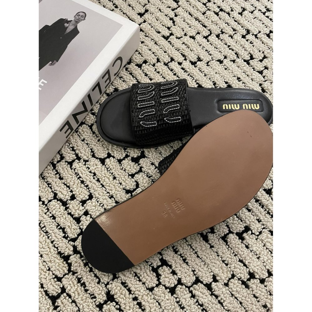Cheap Reps Miu Miu Womens Slides in Black Raffia-effect Woven Fabric