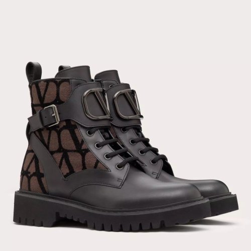 Cheap Reps Valentino Vlogo Signature Combat Boots in Noir Toile Iconographe