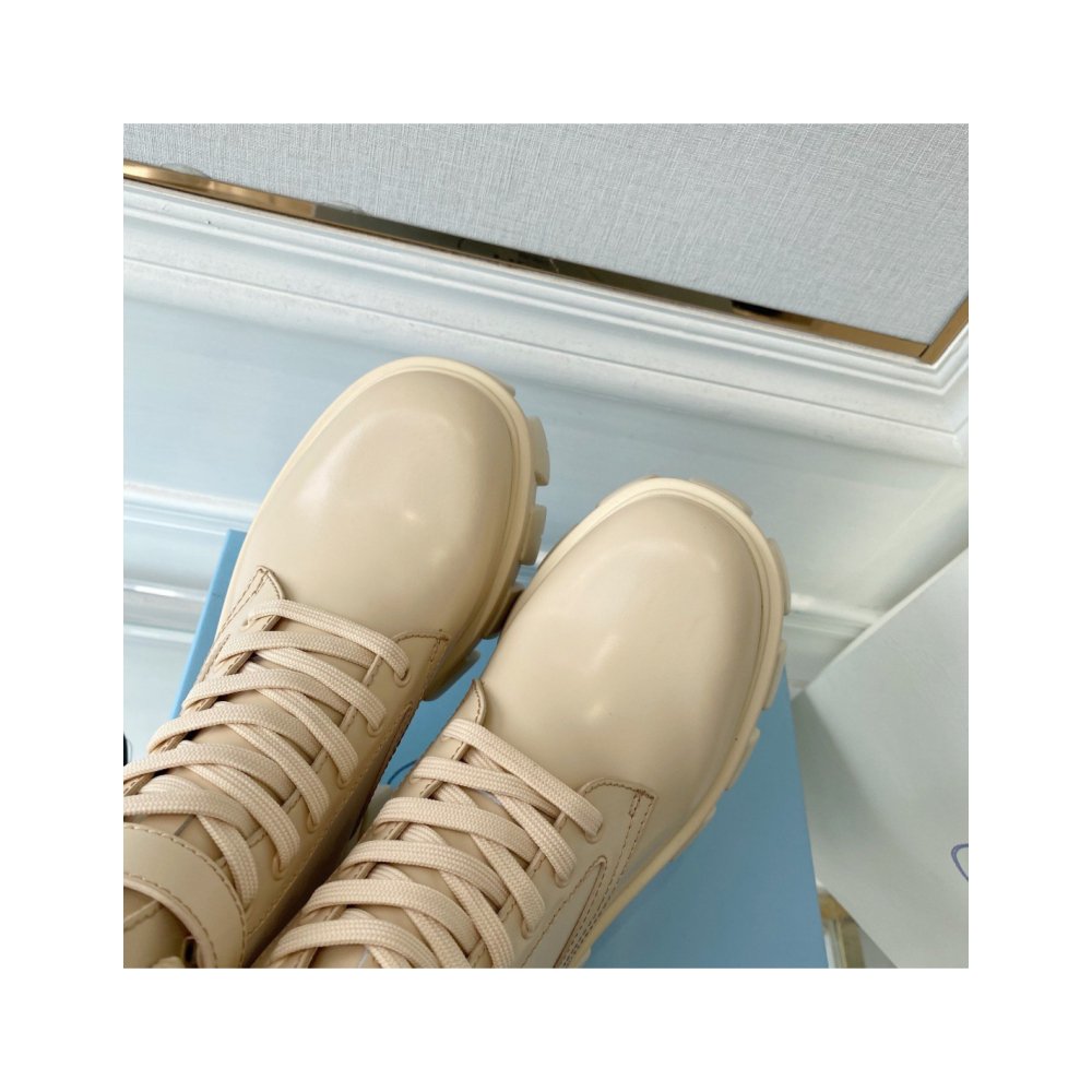 Cheap Reps Prada Monolith Boots in Beige Leather and Nylon Fabric