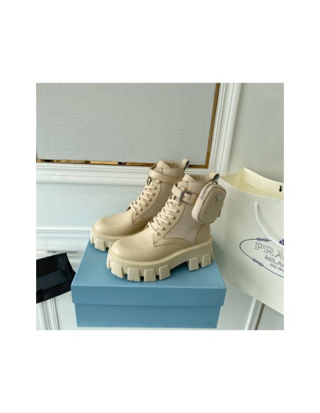 Cheap Reps Prada Monolith Boots in Beige Leather and Nylon Fabric