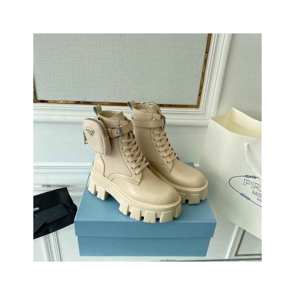 Cheap Reps Prada Monolith Boots in Beige Leather and Nylon Fabric