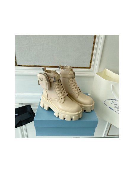 Cheap Reps Prada Monolith Boots in Beige Leather and Nylon Fabric