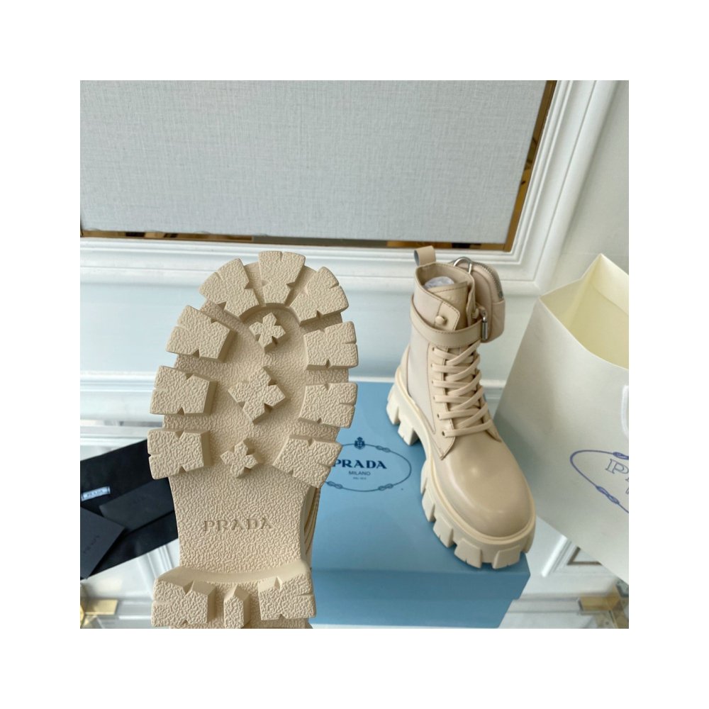 Cheap Reps Prada Monolith Boots in Beige Leather and Nylon Fabric