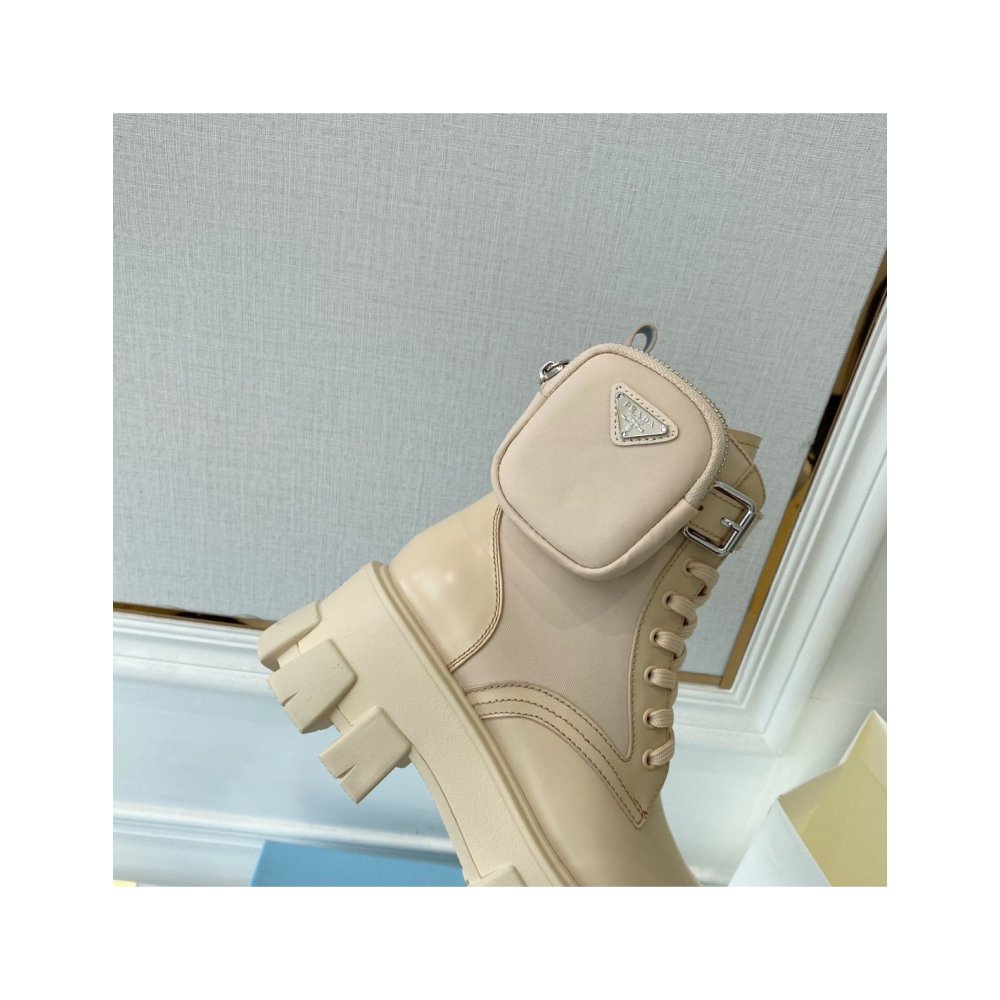 Cheap Reps Prada Monolith Boots in Beige Leather and Nylon Fabric