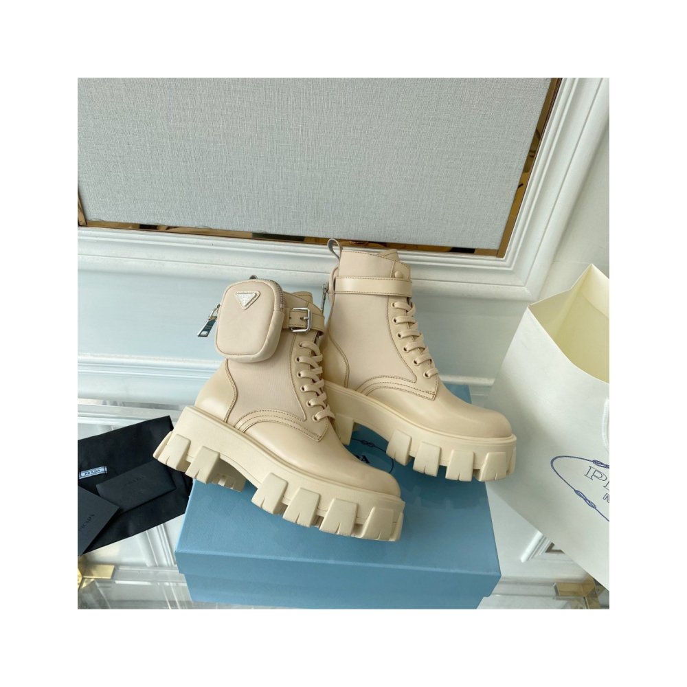 Cheap Reps Prada Monolith Boots in Beige Leather and Nylon Fabric