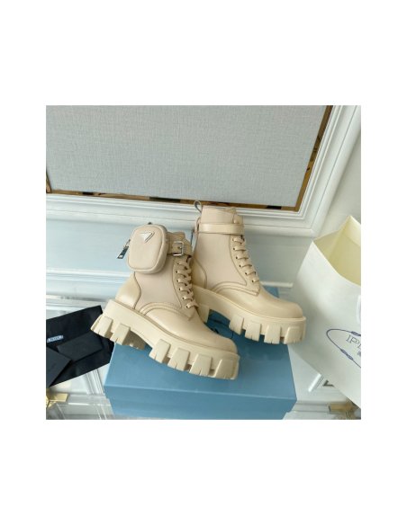 Cheap Reps Prada Monolith Boots in Beige Leather and Nylon Fabric