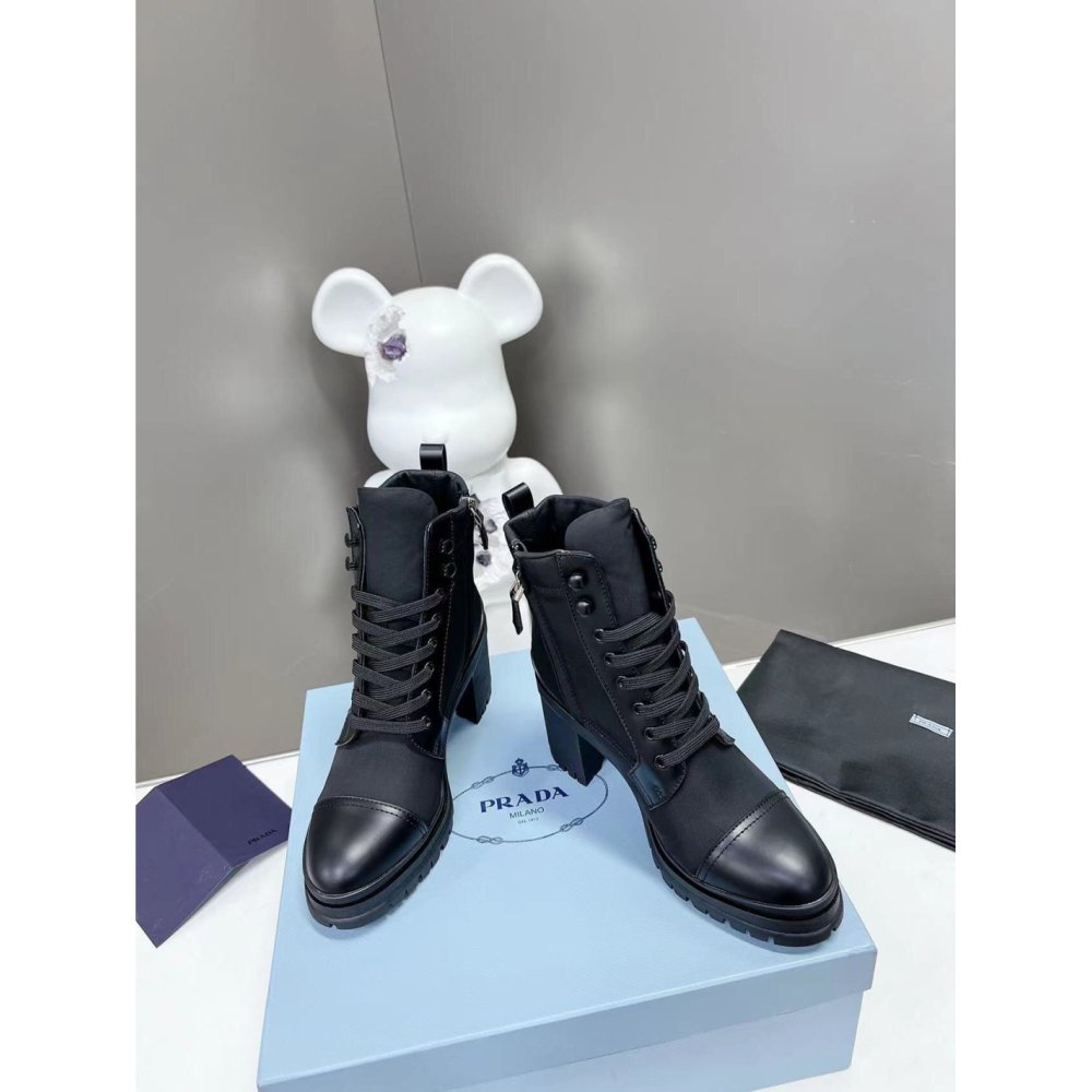 Cheap Reps Prada Ankle Boots in Black Brushed Leather and Nylon
