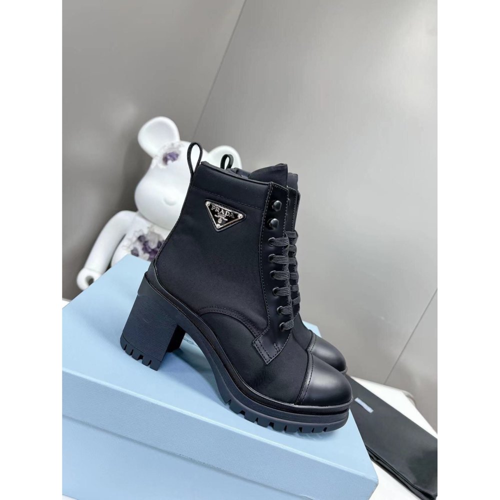 Cheap Reps Prada Ankle Boots in Black Brushed Leather and Nylon