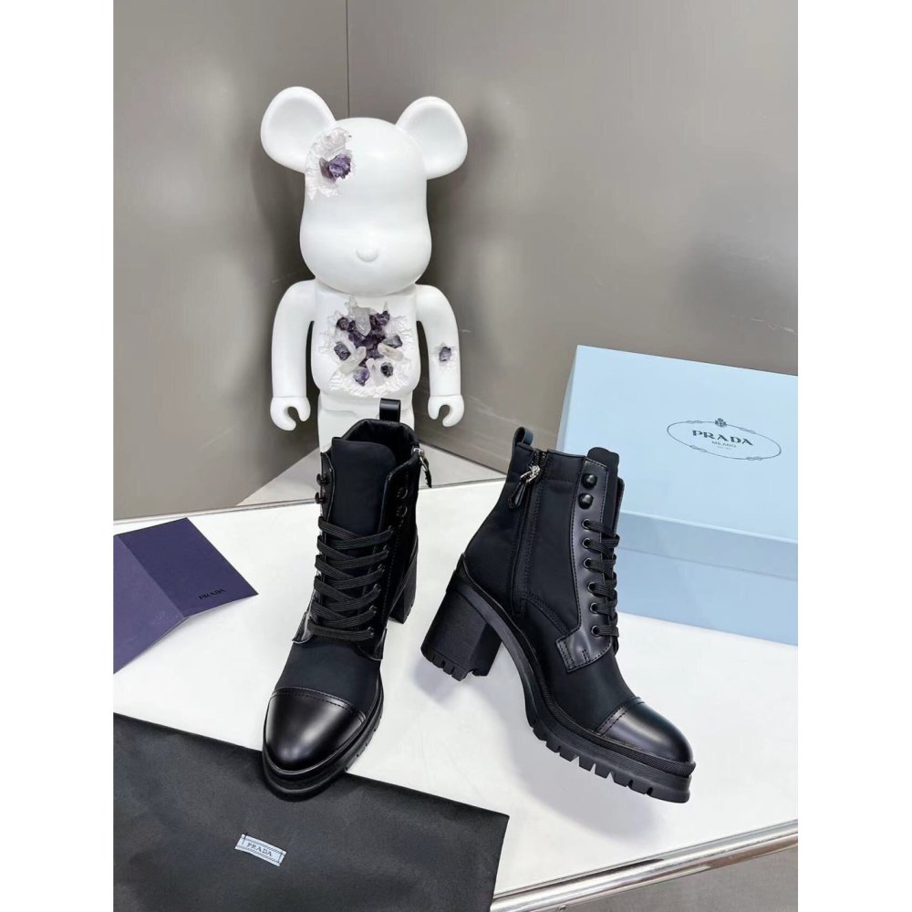 Cheap Reps Prada Ankle Boots in Black Brushed Leather and Nylon