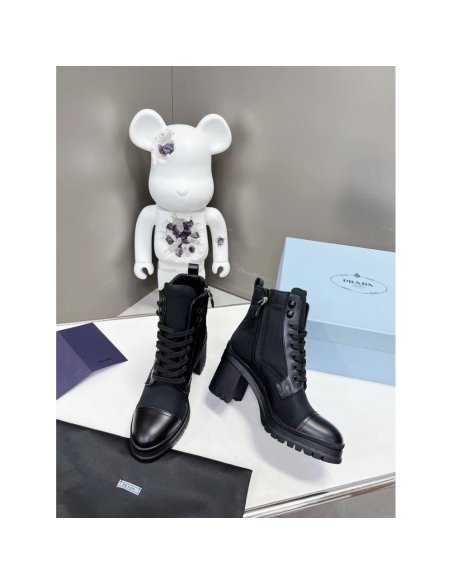 Cheap Reps Prada Ankle Boots in Black Brushed Leather and Nylon