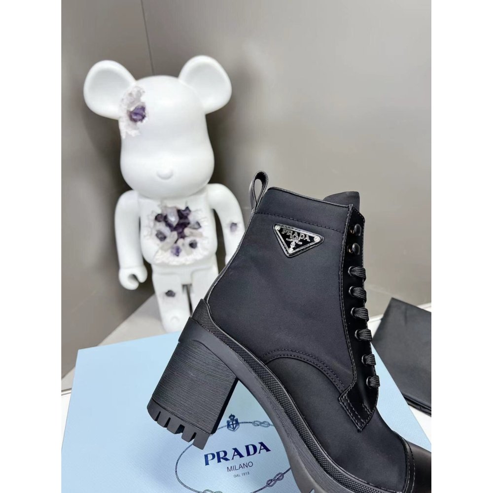 Cheap Reps Prada Ankle Boots in Black Brushed Leather and Nylon