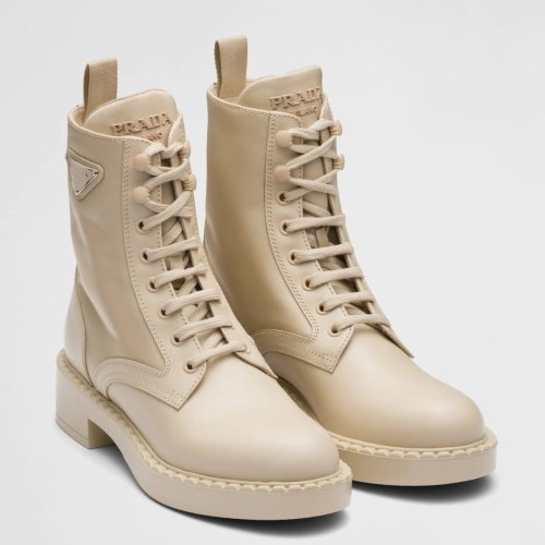 Cheap Reps Prada Ankle Boots in Beige Brushed Leather and Re-Nylon
