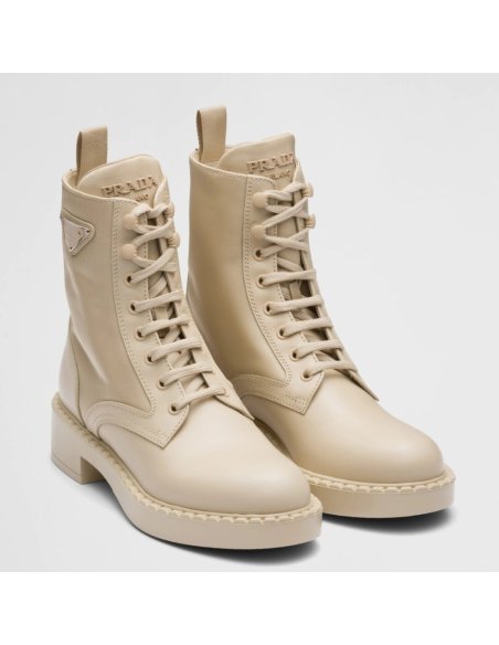 Cheap Reps Prada Ankle Boots in Beige Brushed Leather and Re-Nylon