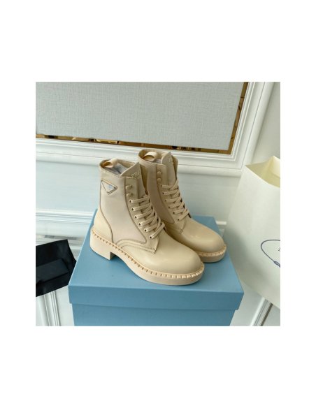 Cheap Reps Prada Ankle Boots in Beige Brushed Leather and Re-Nylon