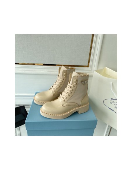 Cheap Reps Prada Ankle Boots in Beige Brushed Leather and Re-Nylon