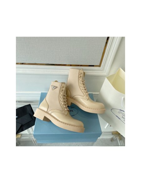 Cheap Reps Prada Ankle Boots in Beige Brushed Leather and Re-Nylon