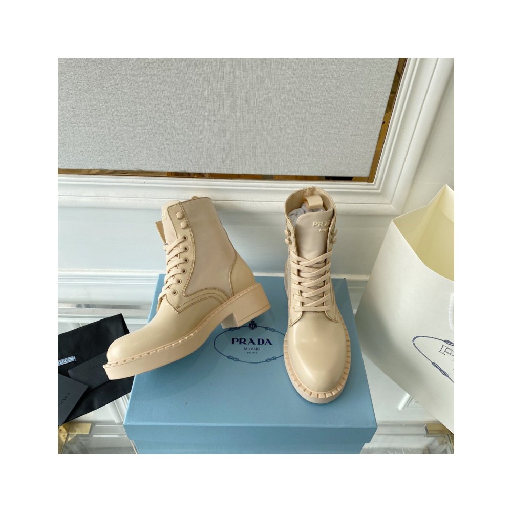 Cheap Reps Prada Ankle Boots in Beige Brushed Leather and Re-Nylon