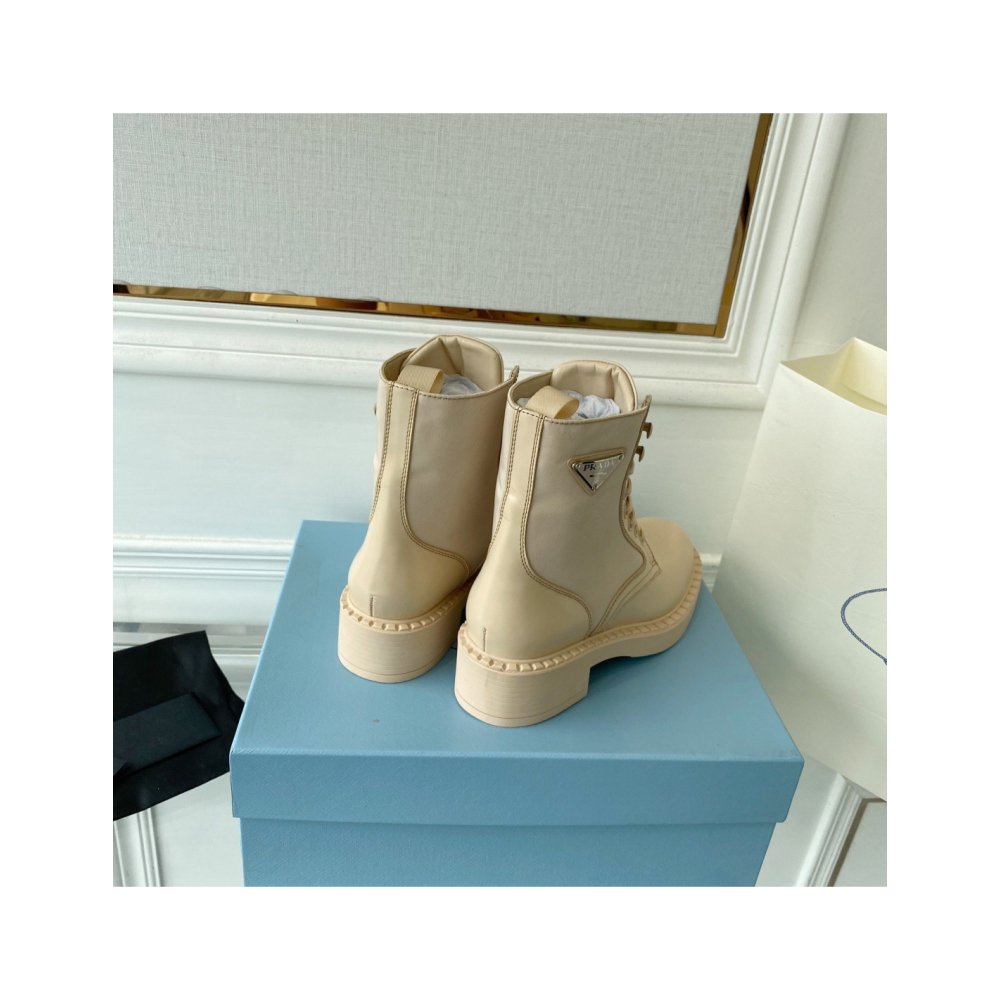 Cheap Reps Prada Ankle Boots in Beige Brushed Leather and Re-Nylon
