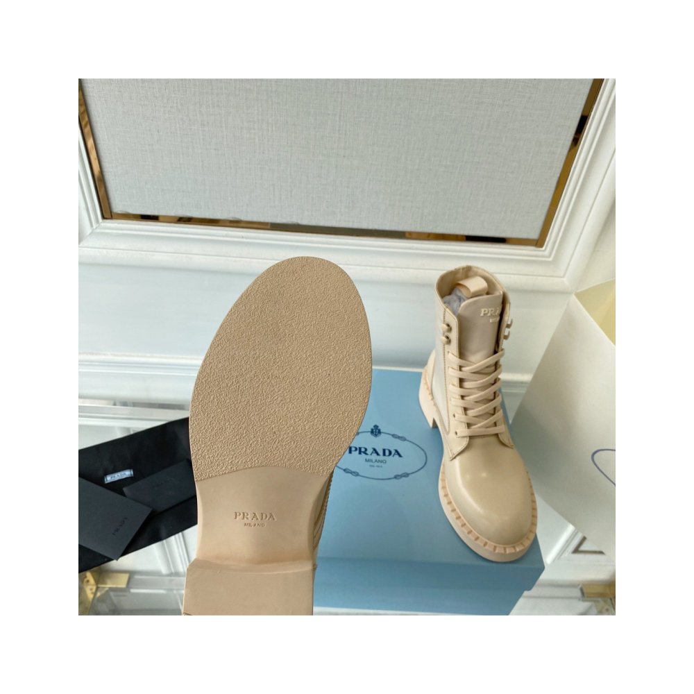 Cheap Reps Prada Ankle Boots in Beige Brushed Leather and Re-Nylon