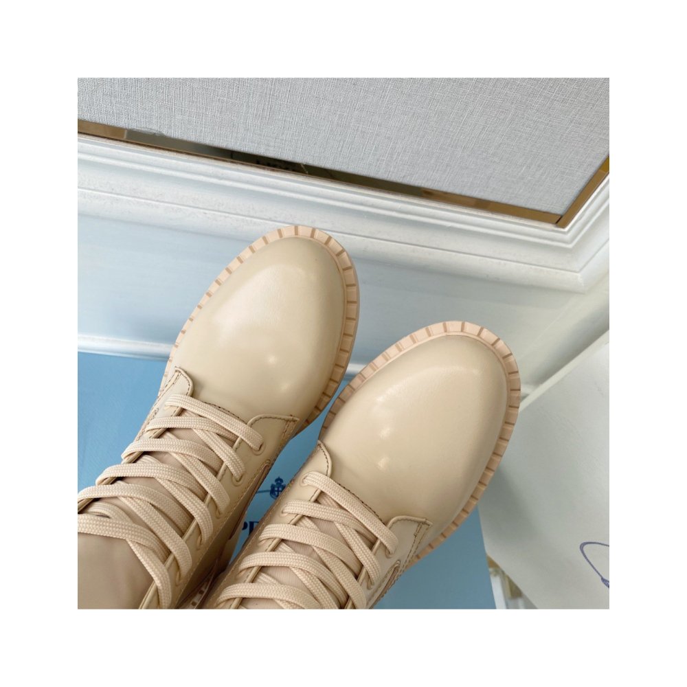 Cheap Reps Prada Ankle Boots in Beige Brushed Leather and Re-Nylon