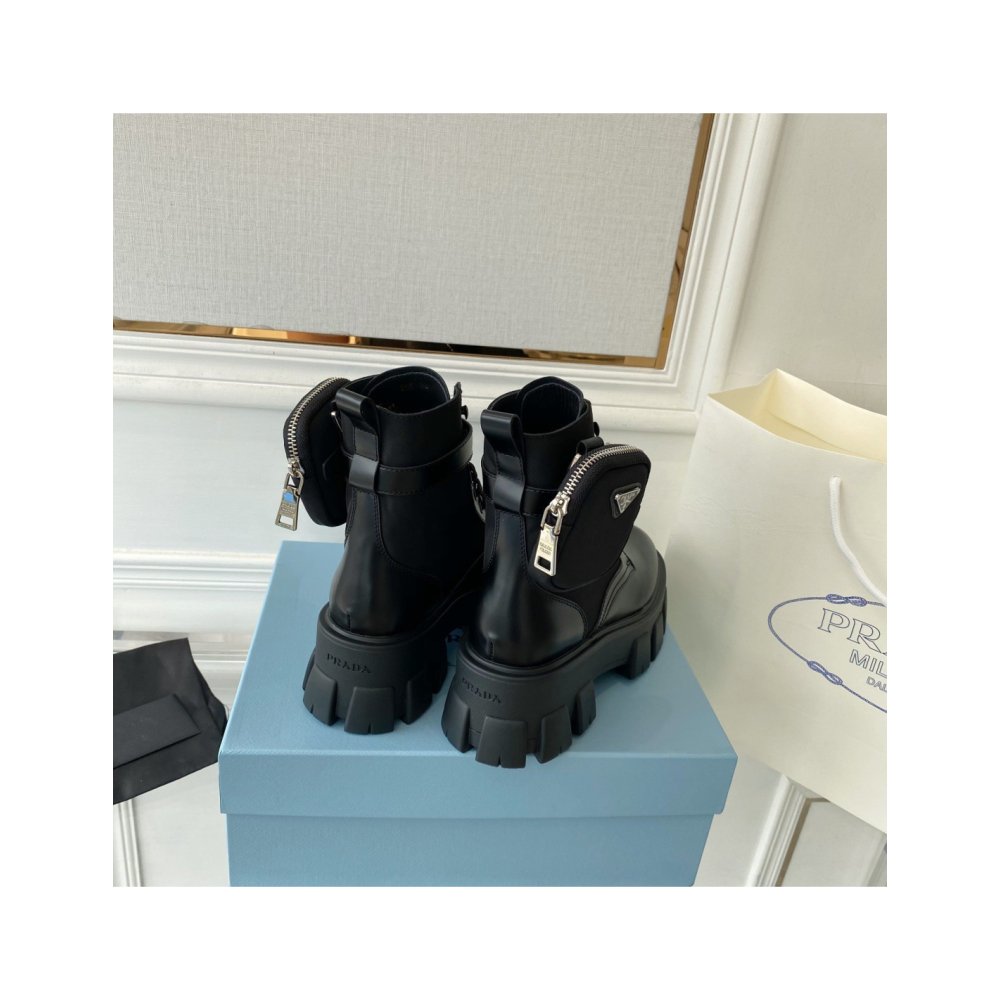 Cheap Reps Prada Monolith Boots in Black Leather and Nylon Fabric