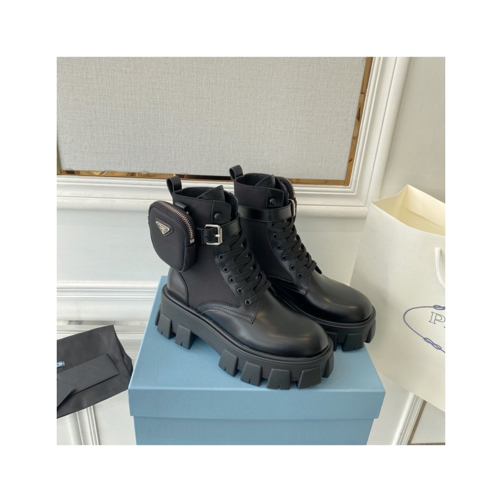 Cheap Reps Prada Monolith Boots in Black Leather and Nylon Fabric