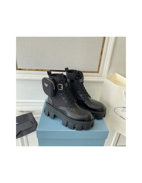 Cheap Reps Prada Monolith Boots in Black Leather and Nylon Fabric