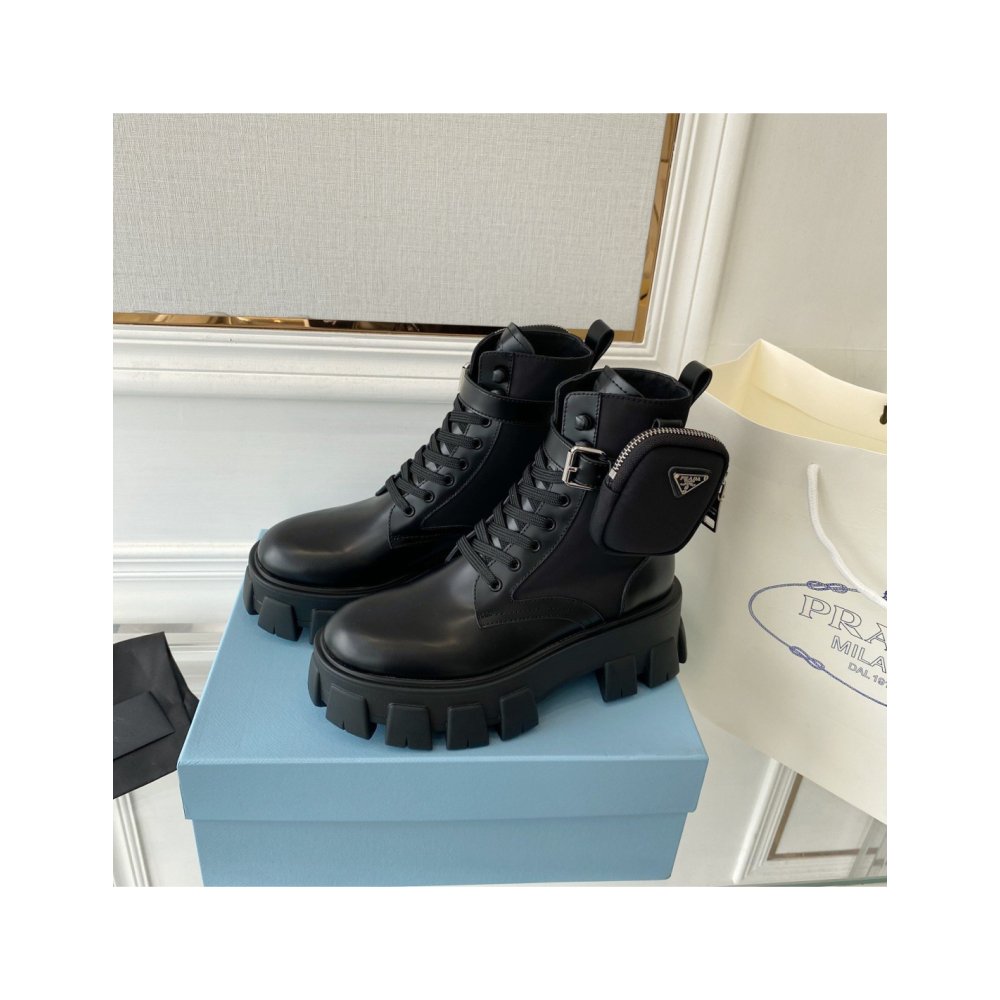 Cheap Reps Prada Monolith Boots in Black Leather and Nylon Fabric