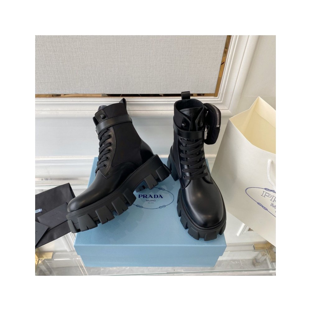 Cheap Reps Prada Monolith Boots in Black Leather and Nylon Fabric