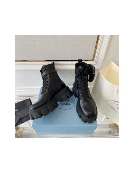 Cheap Reps Prada Monolith Boots in Black Leather and Nylon Fabric