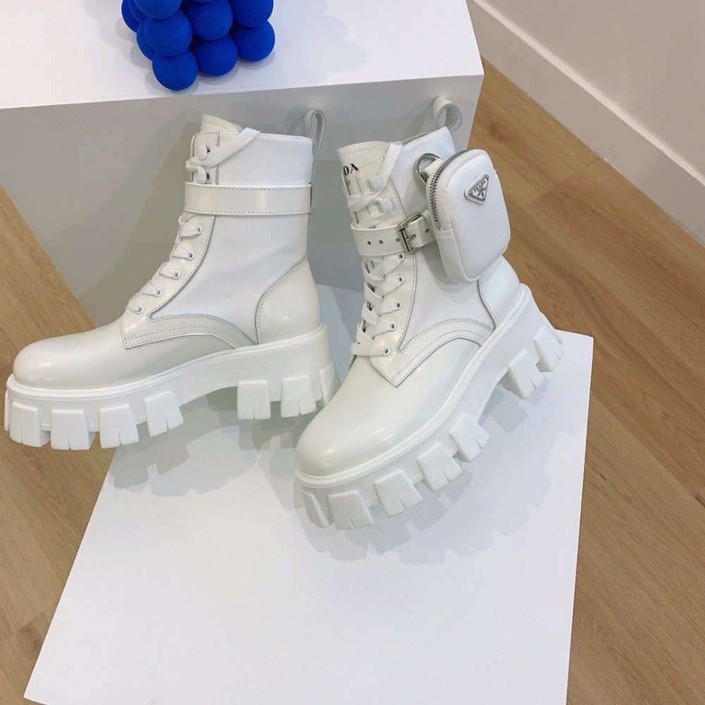 Cheap Reps Prada Monolith Boots in White Leather and Nylon Fabric