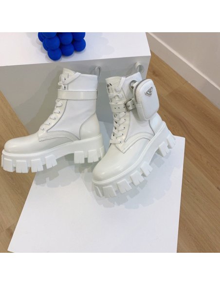 Cheap Reps Prada Monolith Boots in White Leather and Nylon Fabric