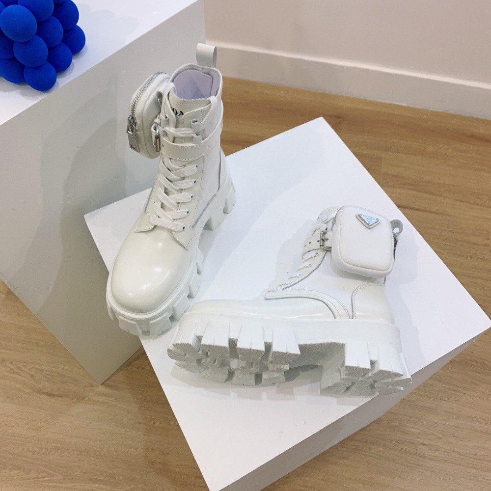 Cheap Reps Prada Monolith Boots in White Leather and Nylon Fabric