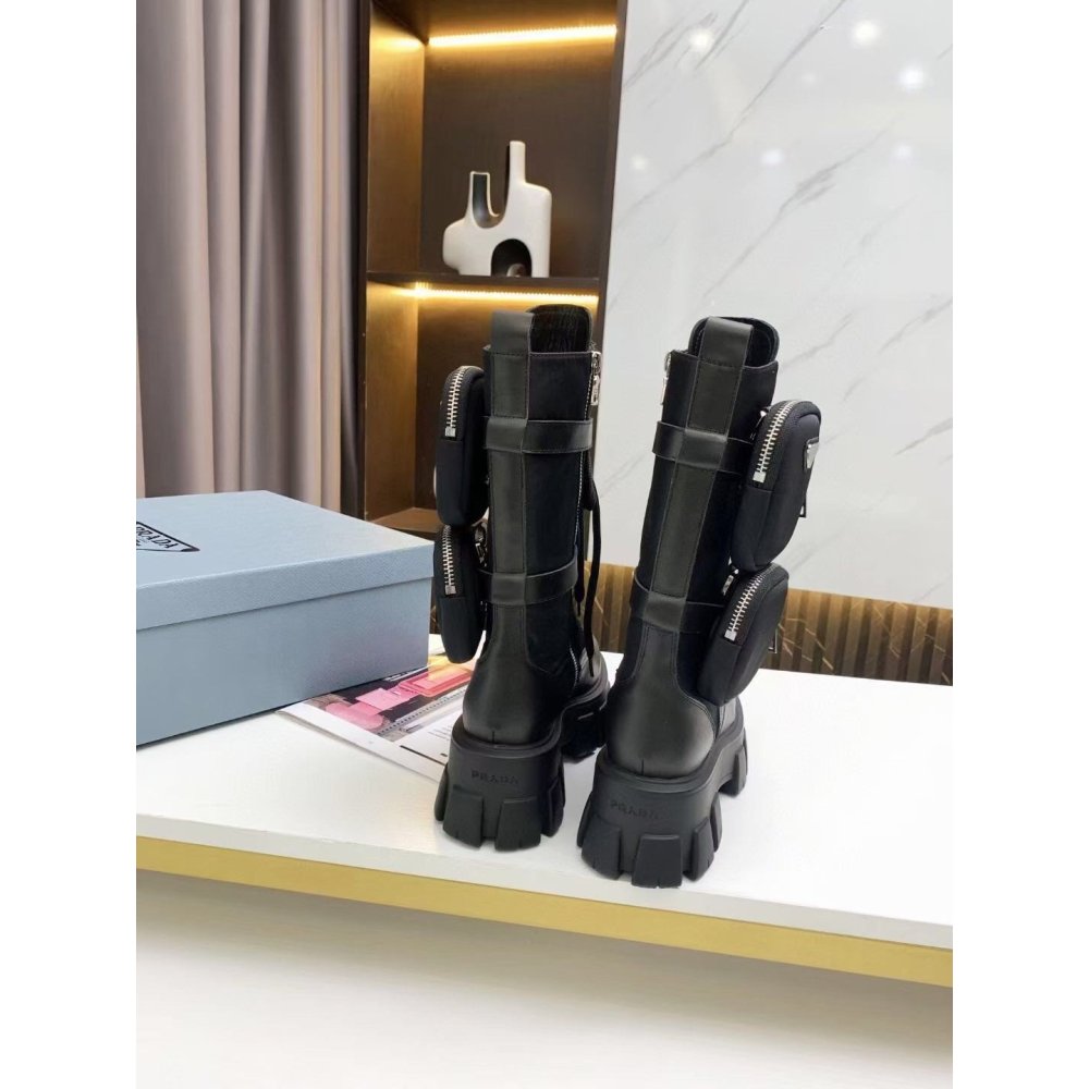 Cheap Reps Prada Monolith Boots in Noir Leather and Nylon Fabric
