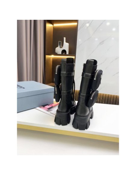 Cheap Reps Prada Monolith Boots in Noir Leather and Nylon Fabric