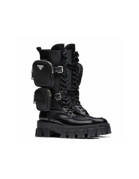 Cheap Reps Prada Monolith Boots in Noir Leather and Nylon Fabric