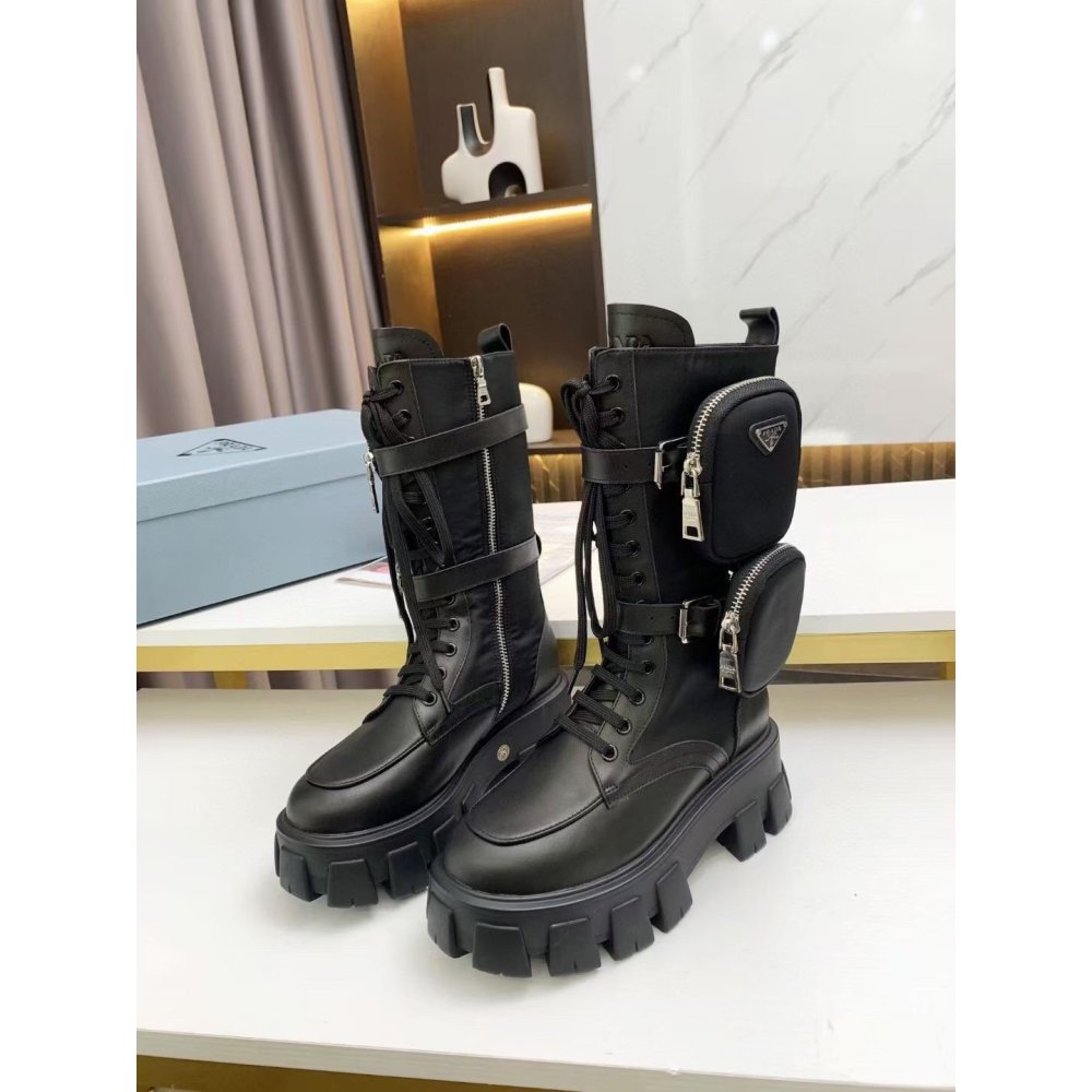 Cheap Reps Prada Monolith Boots in Noir Leather and Nylon Fabric