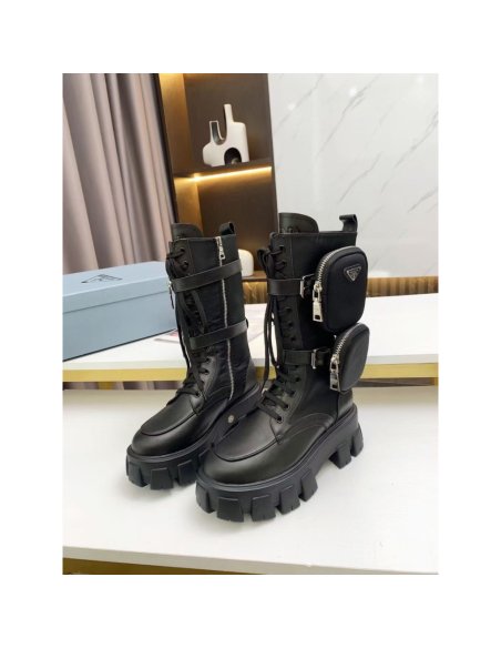 Cheap Reps Prada Monolith Boots in Noir Leather and Nylon Fabric