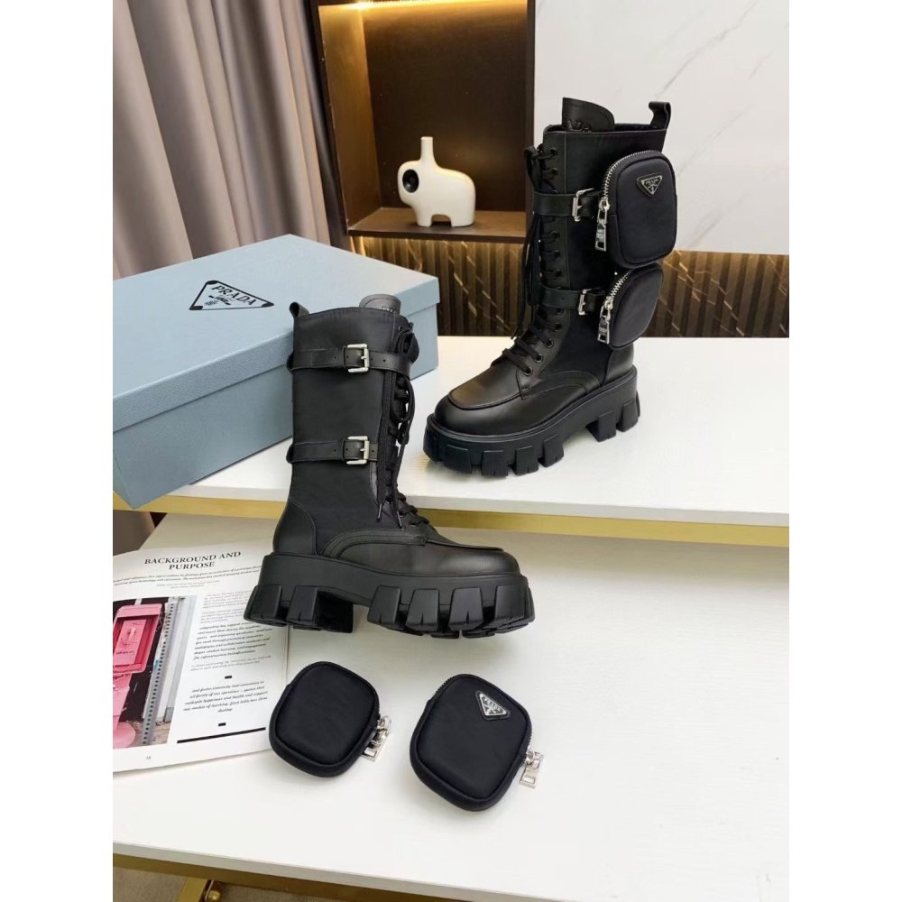 Cheap Reps Prada Monolith Boots in Noir Leather and Nylon Fabric