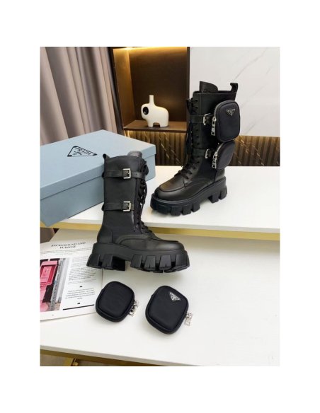 Cheap Reps Prada Monolith Boots in Noir Leather and Nylon Fabric