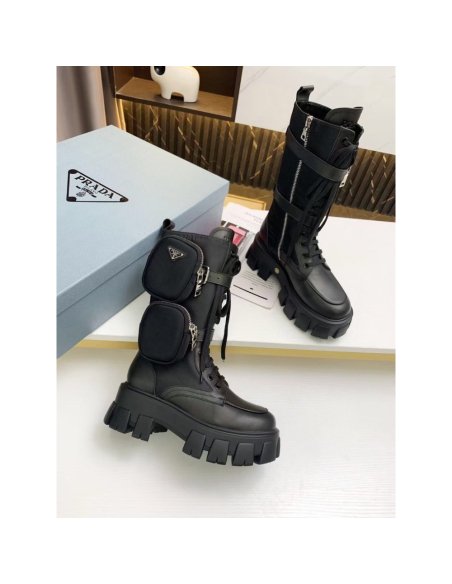 Cheap Reps Prada Monolith Boots in Noir Leather and Nylon Fabric