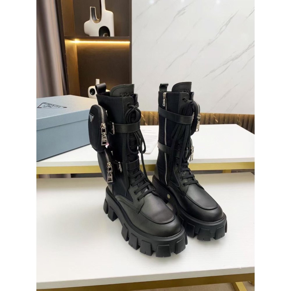 Cheap Reps Prada Monolith Boots in Noir Leather and Nylon Fabric
