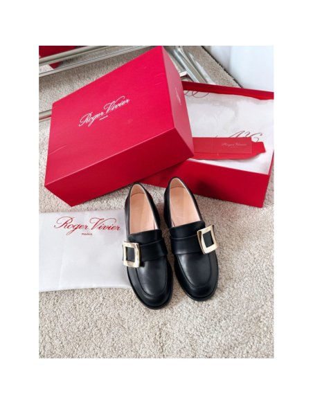 Cheap Reps Roger Vivier Viv Rangers Metal Buckle Loafers in Black Leather