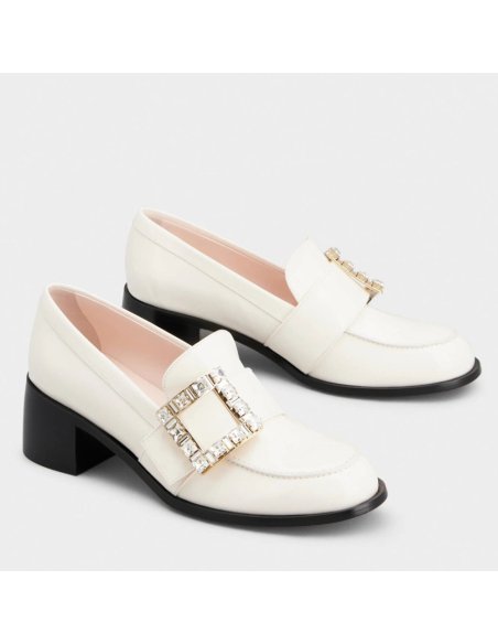 Cheap Reps Roger Vivier Viv Rangers Strass Buckle Loafers in White Patent Leather