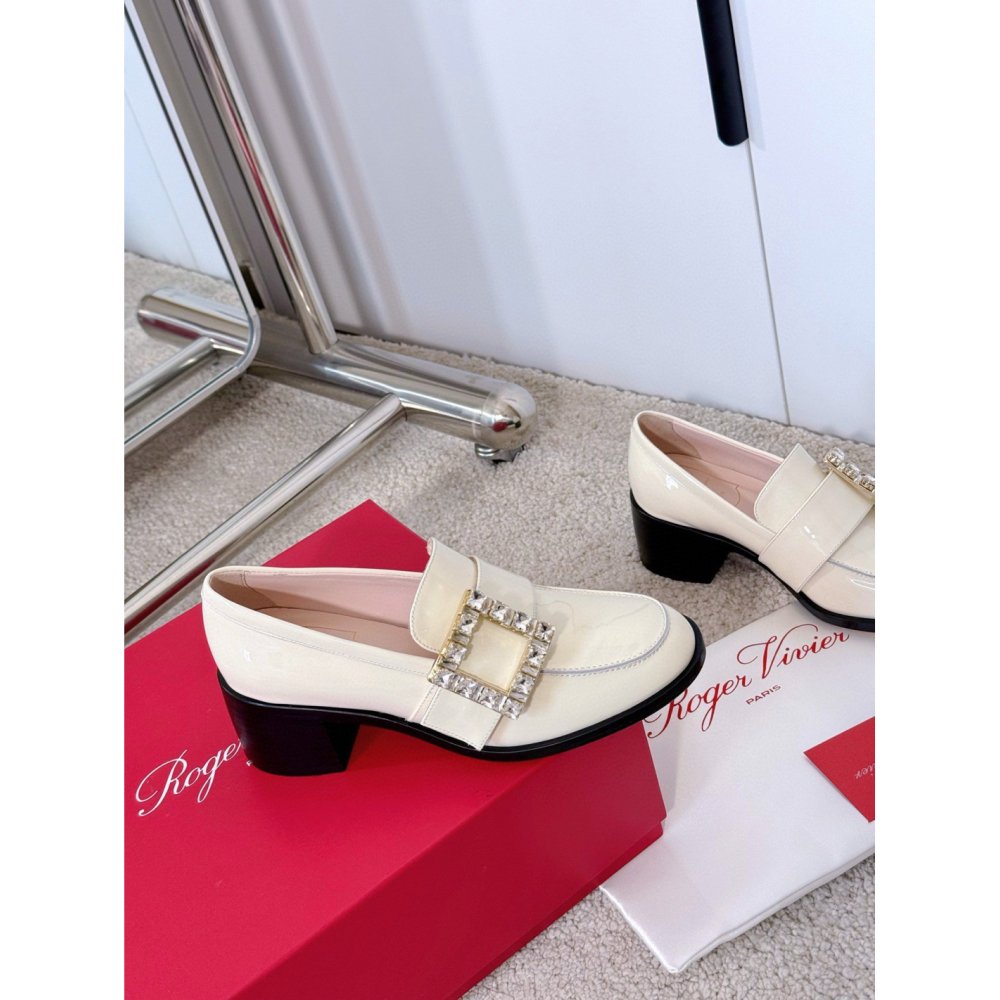 Cheap Reps Roger Vivier Viv Rangers Strass Buckle Loafers in White Patent Leather