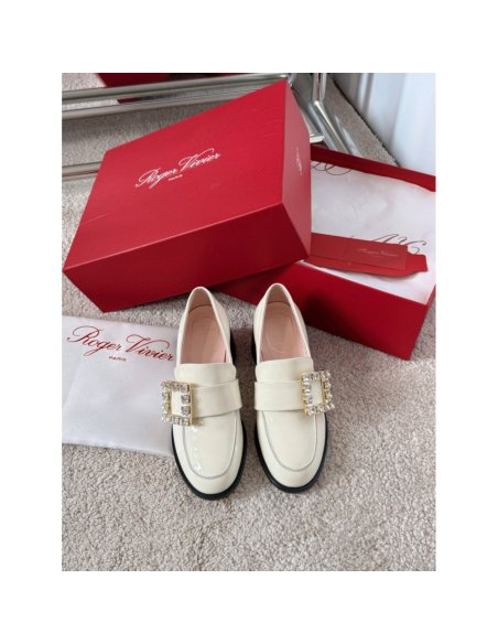 Cheap Reps Roger Vivier Viv Rangers Strass Buckle Loafers in White Patent Leather
