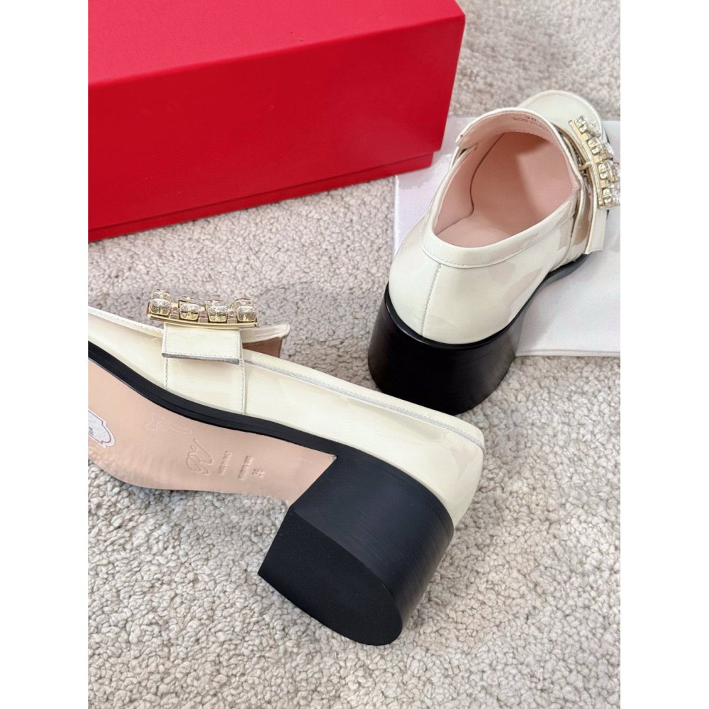 Cheap Reps Roger Vivier Viv Rangers Strass Buckle Loafers in White Patent Leather