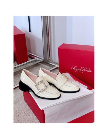 Cheap Reps Roger Vivier Viv Rangers Strass Buckle Loafers in White Patent Leather